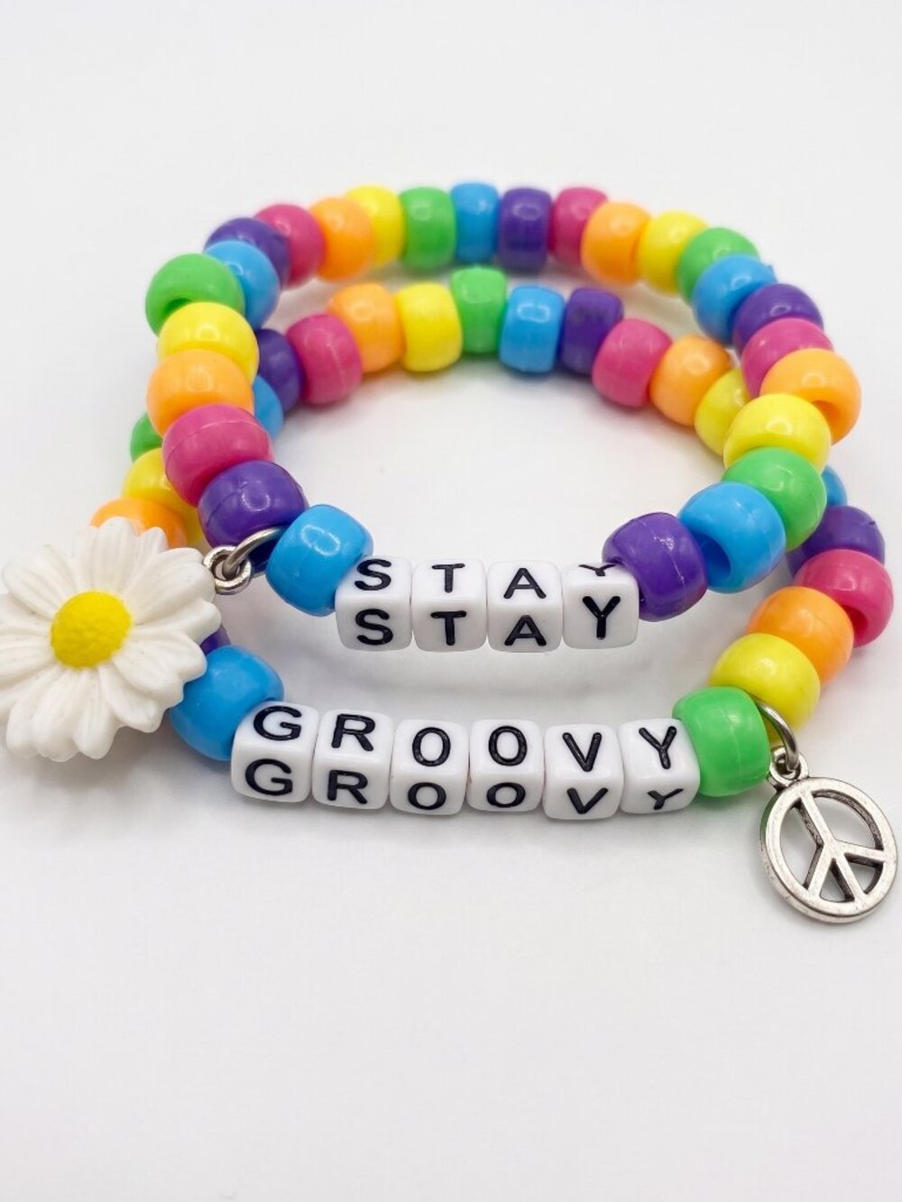 Handmade Neon Rainbow Daisy Peace Stay Groovy Kandi Bracelet set
